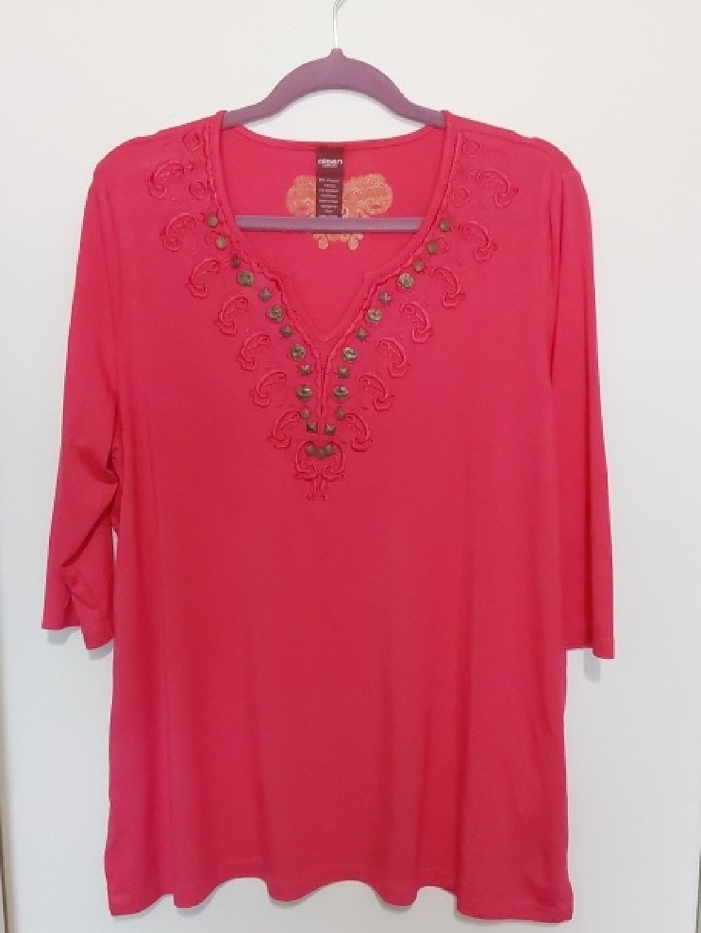 Olsen Europe Embroidered V-Neck 3/4 Sleeve Women's Top - Pink